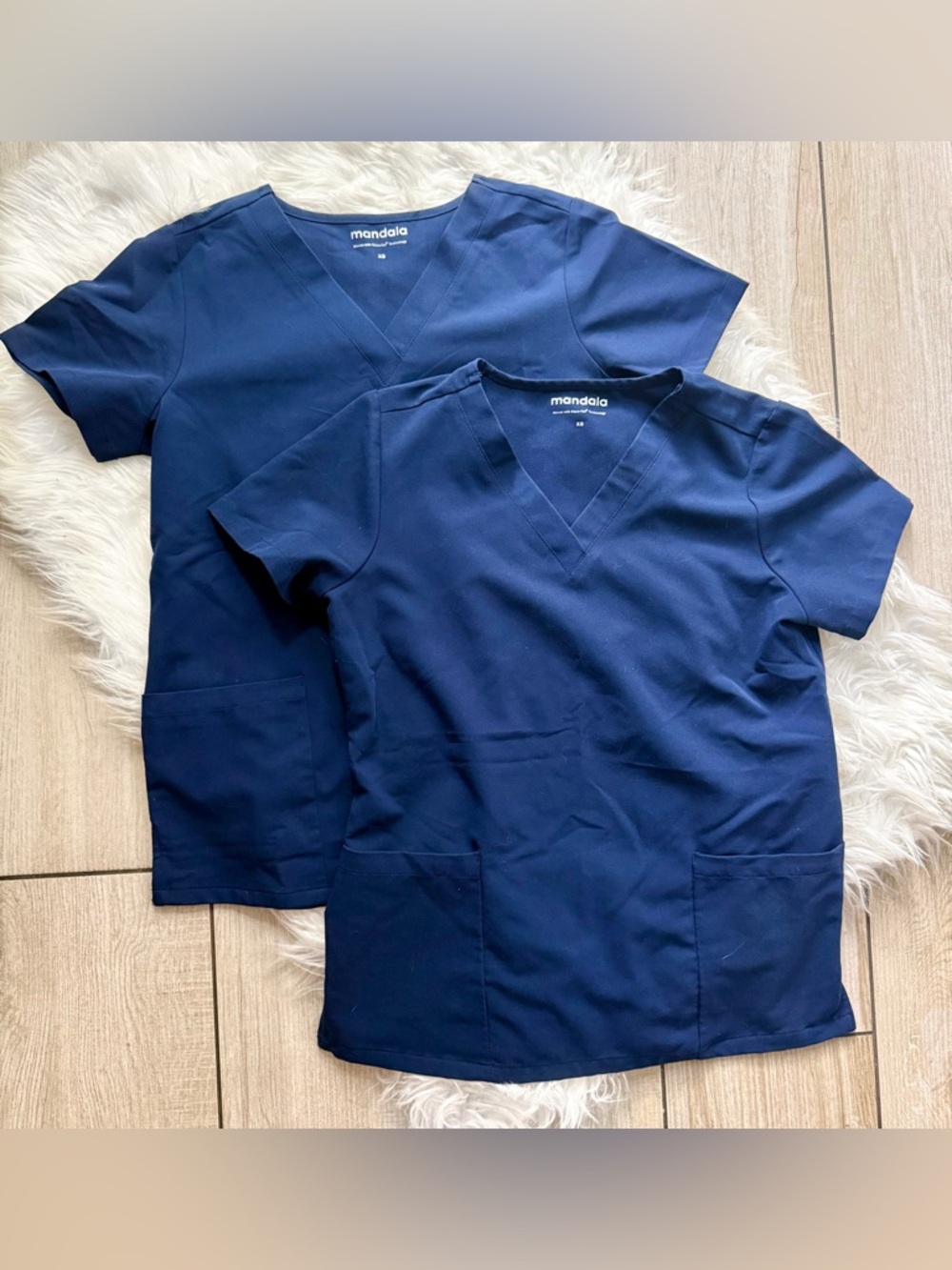 Mandala Navy V-Neck Scrub Tops – Set of 2
